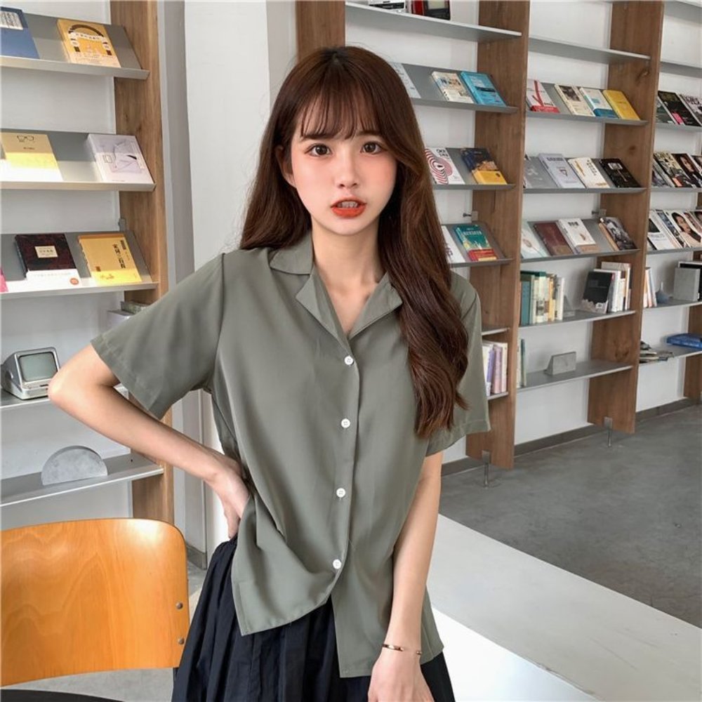 YesStyle Short-Sleeve Collared Button-Up Blouse